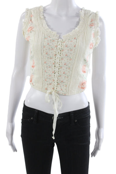 Love Shack Fancy Women Ivory Cotton Floral Lace Up Camisole Size 0
