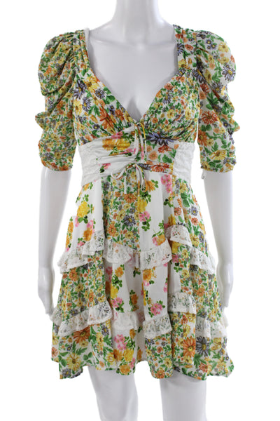 For Love & Lemons Womens Multicolor Floral VNeck Short Sleeve Mini Dress Size S