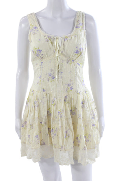 Love Shack Fancy Womens Mini Dress Yellow Floral Scoop Neck Cotton Size 00