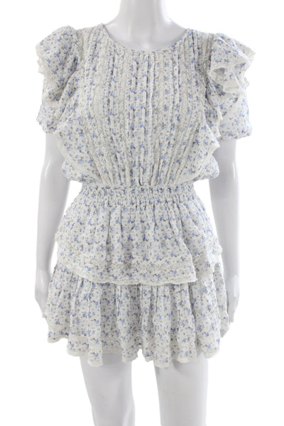 Love Shack Fancy Women Mini Floral Cotton Dress Blue Short Sleeve Size XS