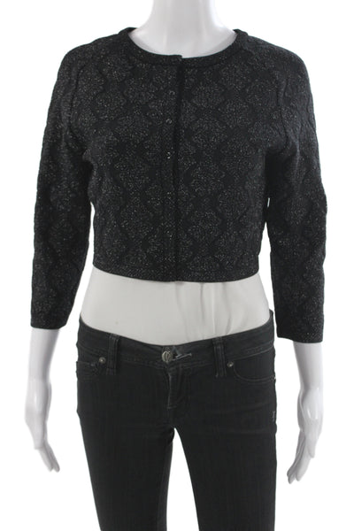 Alaia Womens Cardigan Black Geometric Round Neck 3/4 Sleeve Size 40