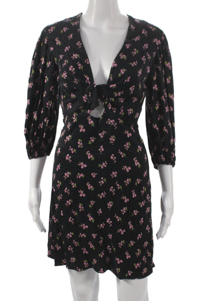 Maje Womens Mini Floral V-Neck Knee Length 3/4 Sleeve Black Dress Size 34