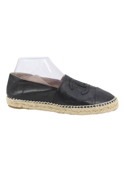 Chanel Womens Leather Logo Cap Toe Espadrille Flats Black Size 39 9