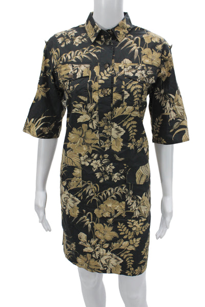 Etro Women Black Floral Cotton Collared Shirt Dress Button Half Sleeve Size 40