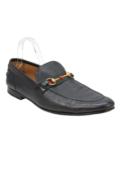 Gucci Mens Slip On Round Toe Web Horsebit Leather Loafers Black Size 12
