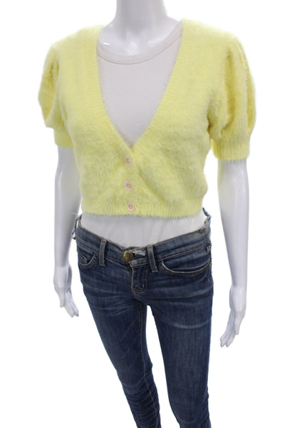 For Love & Lemons Womens Yellow V Neck Short Sleeve Cardigan 90s Size S