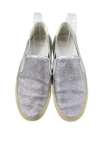 Saint Laurent Women's Round Toe Glitter Slip-On Low Top Sneakers Silver Size 38