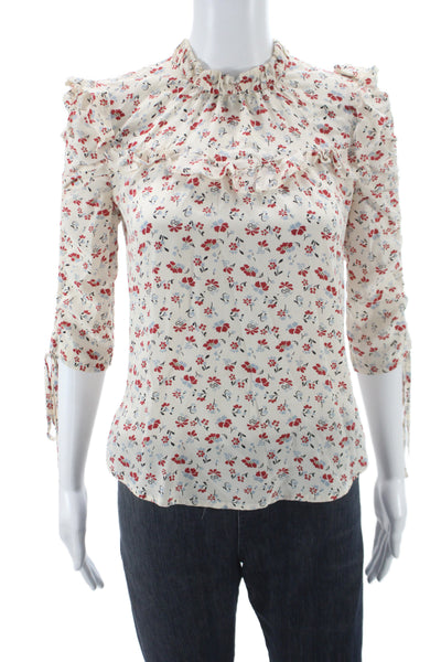 Veronica Beard Women Tunic Blouse Beige Silk Floral High Neck 3/4 Sleeve Size 0