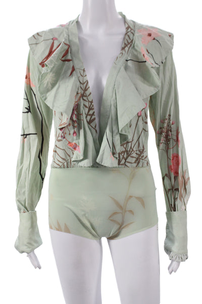 Johanna Ortiz Women Green Floral Cotton V-Neck Long Sleeve Bodysuit Size 8