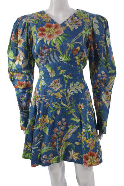 Alemais Womens Floral Linen V Neck Long Sleeve Mini Dress Blue Size 8