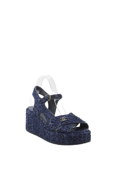 Chanel Womens CC Detail Tweed Platform Wedge Heels Shoes Blue Size 8.5