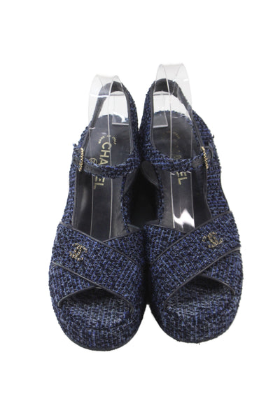 Chanel Womens CC Detail Tweed Platform Wedge Heels Shoes Blue Size 8.5