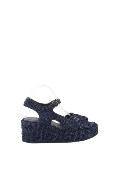 Chanel Womens CC Detail Tweed Platform Wedge Heels Shoes Blue Size 8.5