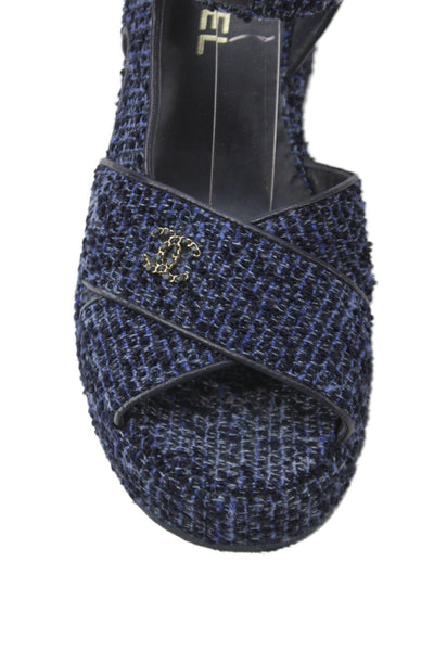 Chanel Womens CC Detail Tweed Platform Wedge Heels Shoes Blue Size 8.5
