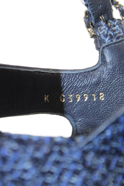Chanel Womens CC Detail Tweed Platform Wedge Heels Shoes Blue Size 8.5