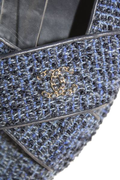 Chanel Womens CC Detail Tweed Platform Wedge Heels Shoes Blue Size 8.5
