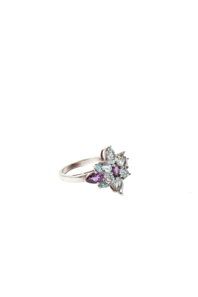 Designer Womens 925 Silver Amethyst + Topaz Flower Cluster Ring Sz 8.25 3.7g