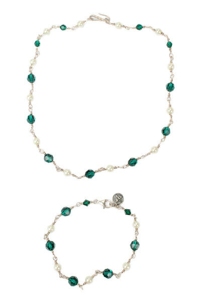 Designer Womens 925 Silver Faux Pearl+Glass Bead Necklace 18" + Bracelet 9" Set