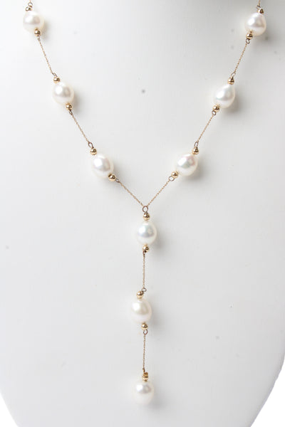 Designer Womens 14K Yellow Gold 8-9mm Pearl Y Drop Necklace 16" 11.2g