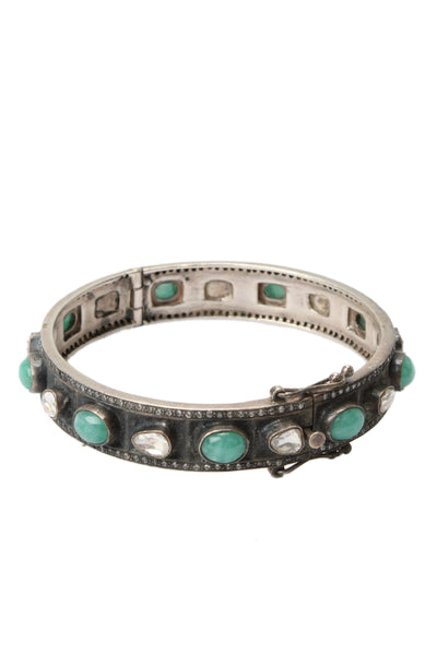 Designer Womens 925 Silver White Sapphire + Emerald Hinged Bangle 2.4" 42.6g