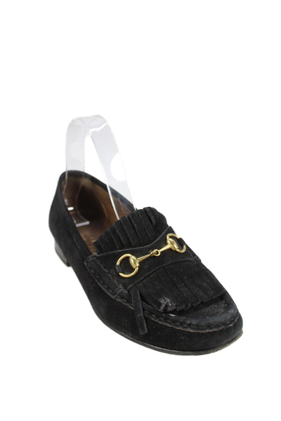 Gucci Womens Slip On Fringe Horsebit Suede Loafers Black Size 38.5