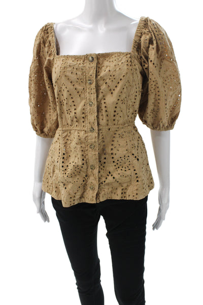 Ganni Women Tunic Blouse Beige Cotton Square Neck Short Sleeve Size 40