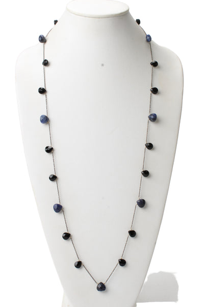 Designer Womens 925 Silver Onyx + Sodalite Briolettte Station Necklace 36" 25g