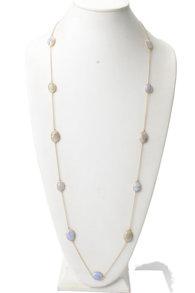 Designer Womens Yellow Gold Vermeil Blue Lace Agate Station Necklace 40"