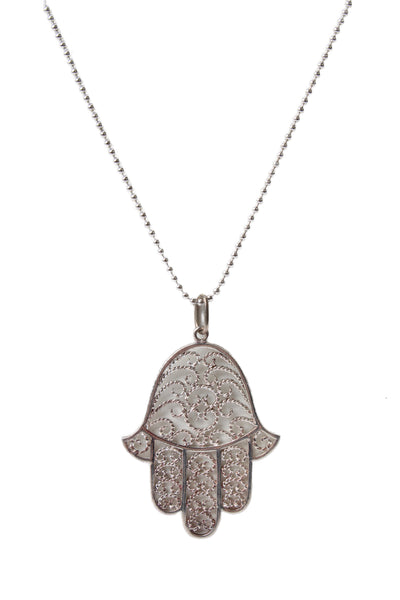 Designer Womens 925 Silver Filigree Hamsa Hand Pendant Necklace 18" 8.9g