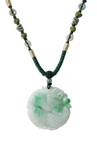 Designer Unisex Green Cord Treated Jade Carved Dragon Pendant Necklace 29"