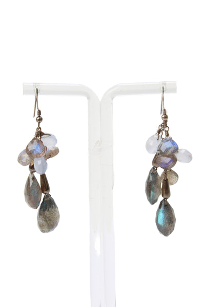 Designer Womens 925 Silver Labradorite+Chalcedony Cluster Drop Earrings OS 12g