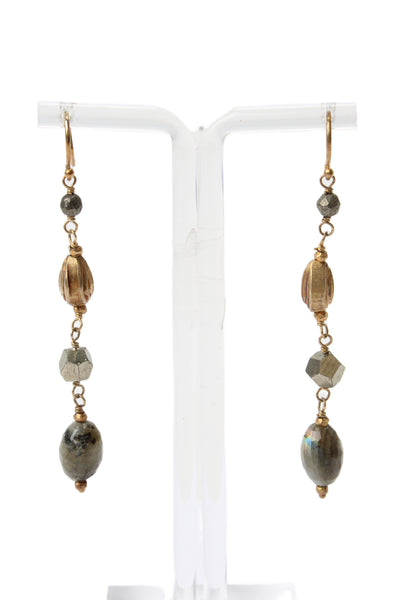 Designer Womens Yellow Gold Vermeil Labradorite+Pyrite Dangle Earrings OS 7.2g