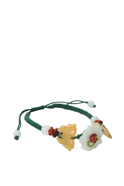 Designer Womens Green Cord Carved Green+Yellow Jade Bead Bracelet 8"