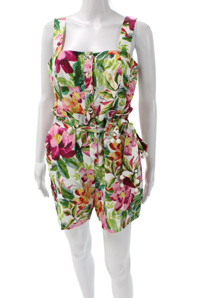 Farm Rio Women Romper Green Floral Square Neck Button 100% Cotton Size M