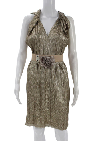 Lanvin Women Sheath Dress Gold Silk Metallic V Neck Sleeveless Mid Calf Size 40