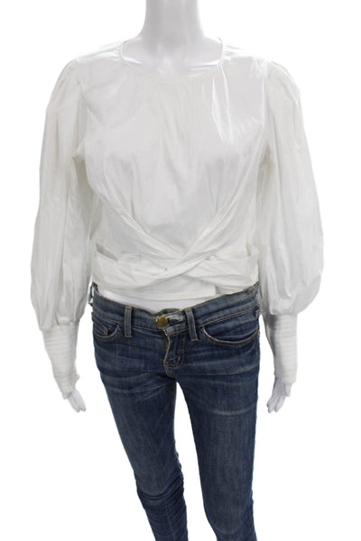Veronica Beard Womens Cropped White Cotton Blouse Long Sleeve Round Neck Size 6