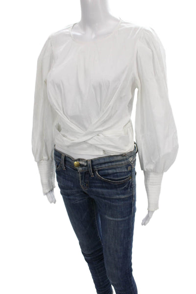 Veronica Beard Womens Cropped White Cotton Blouse Long Sleeve Round Neck Size 6