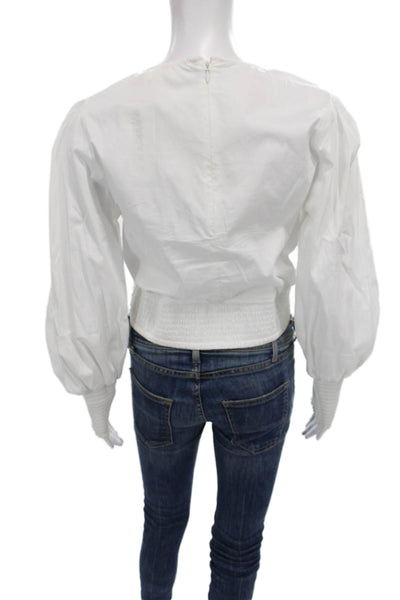 Veronica Beard Womens Cropped White Cotton Blouse Long Sleeve Round Neck Size 6