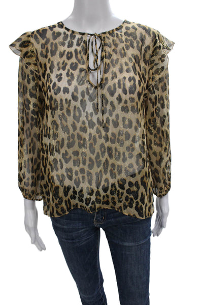 Alice + Olivia Women Tunic Beige Silk Animal Print Long Sleeve Tie Size S