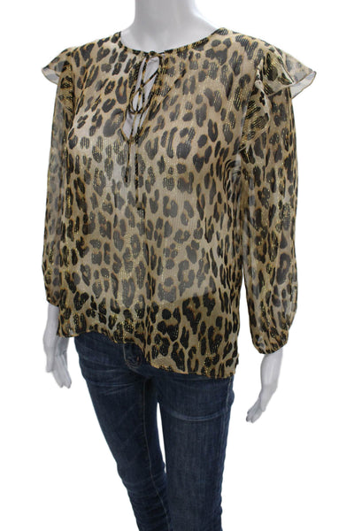 Alice + Olivia Women Tunic Beige Silk Animal Print Long Sleeve Tie Size S