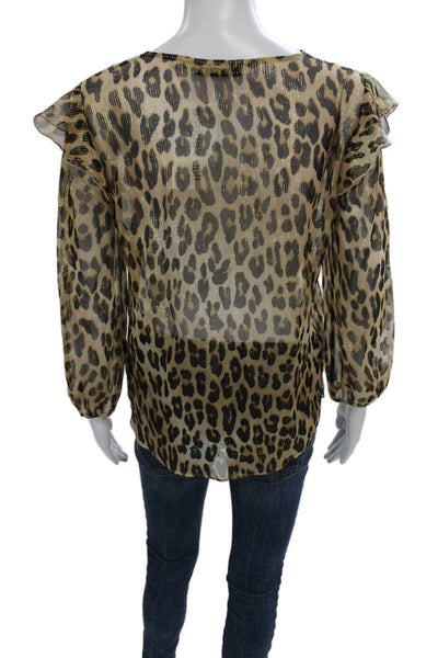 Alice + Olivia Women Tunic Beige Silk Animal Print Long Sleeve Tie Size S