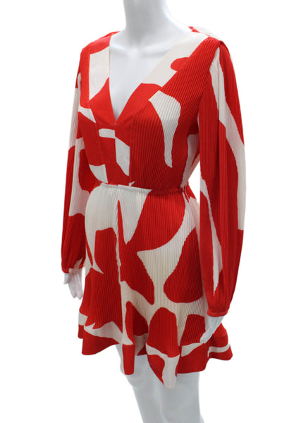 Milly Women Fit & Flare Red V-Neck Long Sleeve Geometric Polyester Dress Size 2