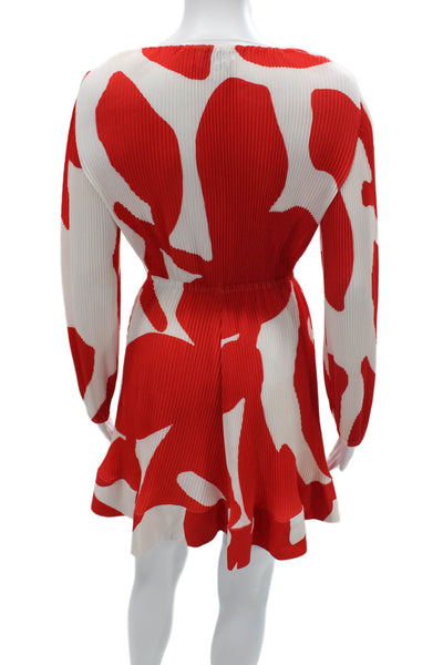 Milly Women Fit & Flare Red V-Neck Long Sleeve Geometric Polyester Dress Size 2