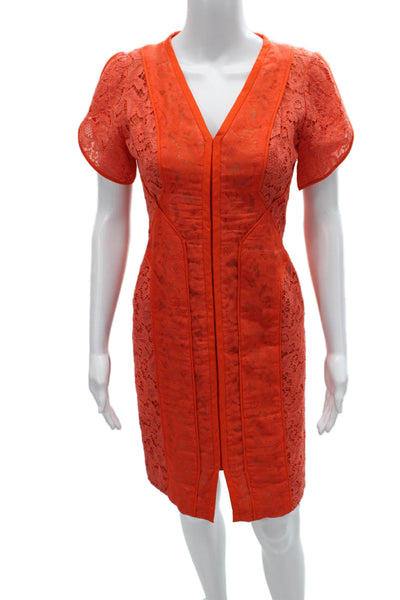 J. Mendel Womens Sheath Dress Orange V Neck Cotton Knee Length Size M