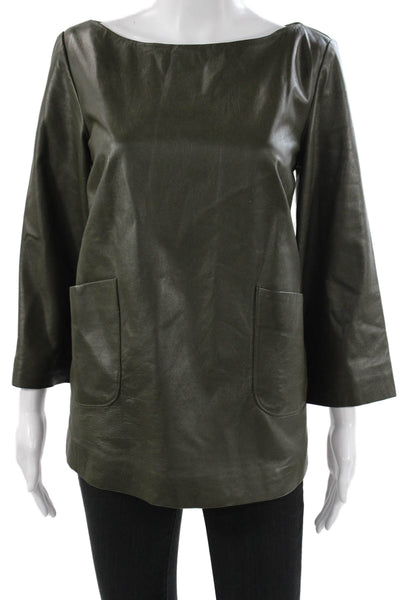 Shannon Mclean Women Tunic Faux Leather Boat Neck 3/4 Sleeve Green Size M