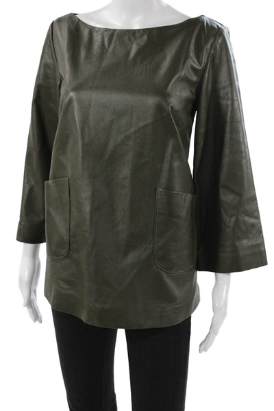 Shannon Mclean Women Tunic Faux Leather Boat Neck 3/4 Sleeve Green Size M