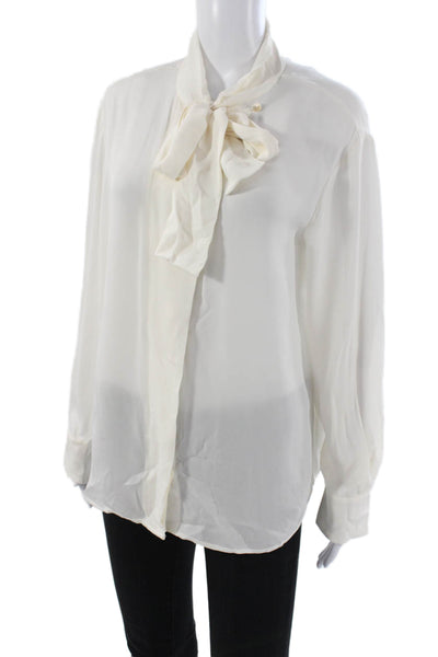 Rebecca Taylor Women White Silk Collared Button Long Sleeve Basic Blouse Size M