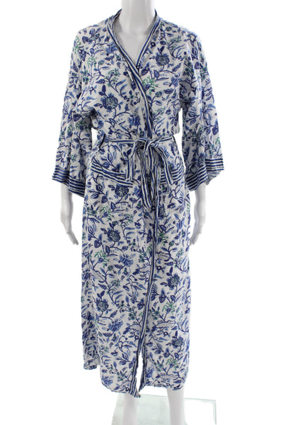 Designer Women Kimono Dress Blue Floral Cotton V-Neck 3/4 Sleeve Midi Size M