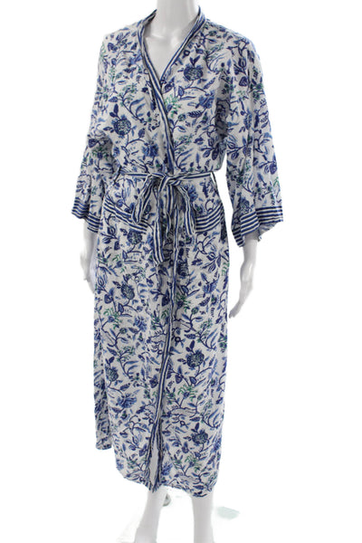 Designer Women Kimono Dress Blue Floral Cotton V-Neck 3/4 Sleeve Midi Size M