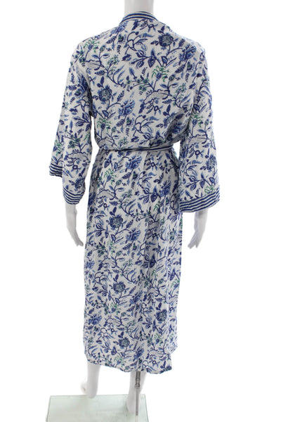 Designer Women Kimono Dress Blue Floral Cotton V-Neck 3/4 Sleeve Midi Size M